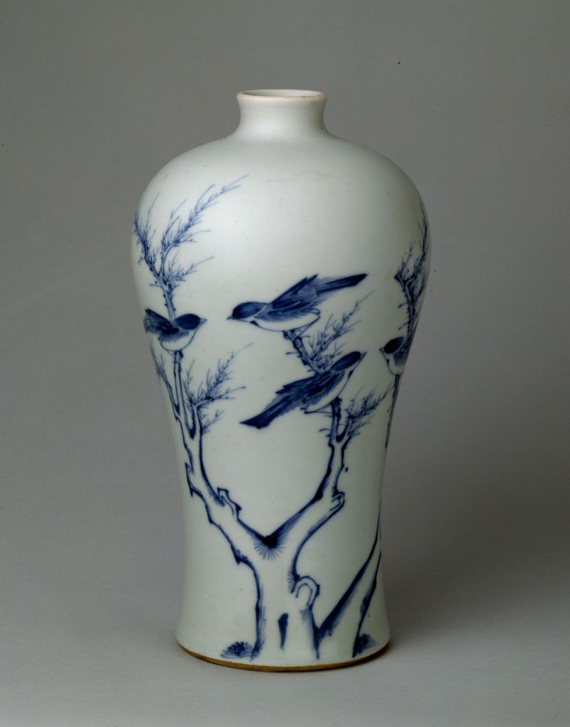 图片[1]-Plum vase with blue-and-white dead trees and birds-China Archive